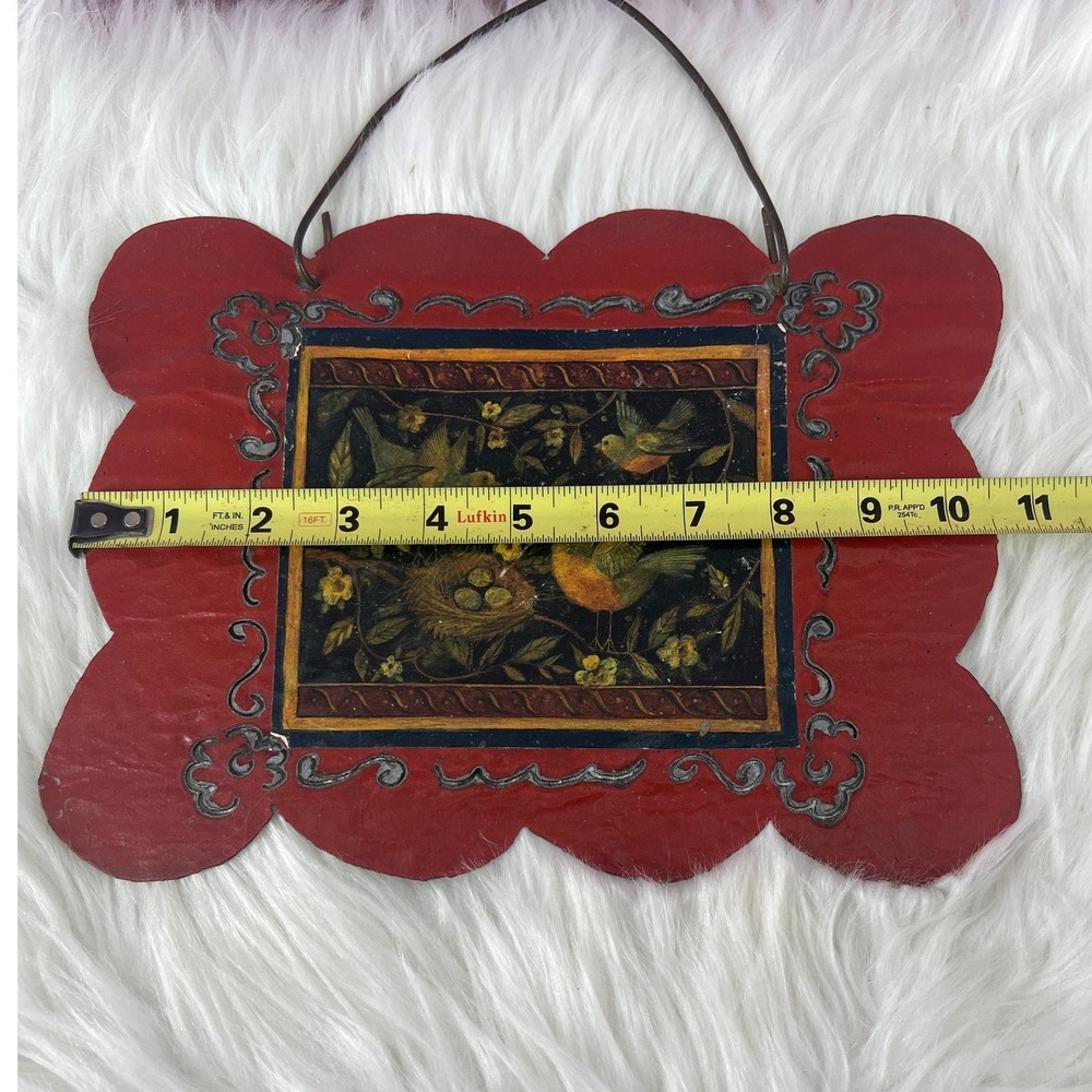Vintage Folk Art Metal Wall Hanging Birds Nest Scalloped Red Plaque Cottagecore - Picture 6 of 7